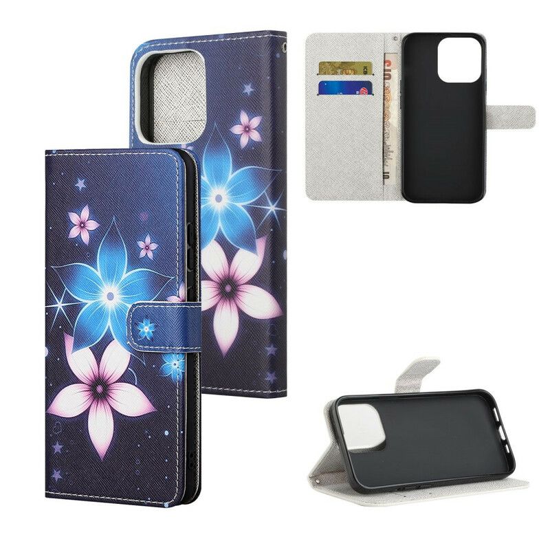 Etui Folio Do Iphone 13 Księżycowe Kwiaty Z Paskiem