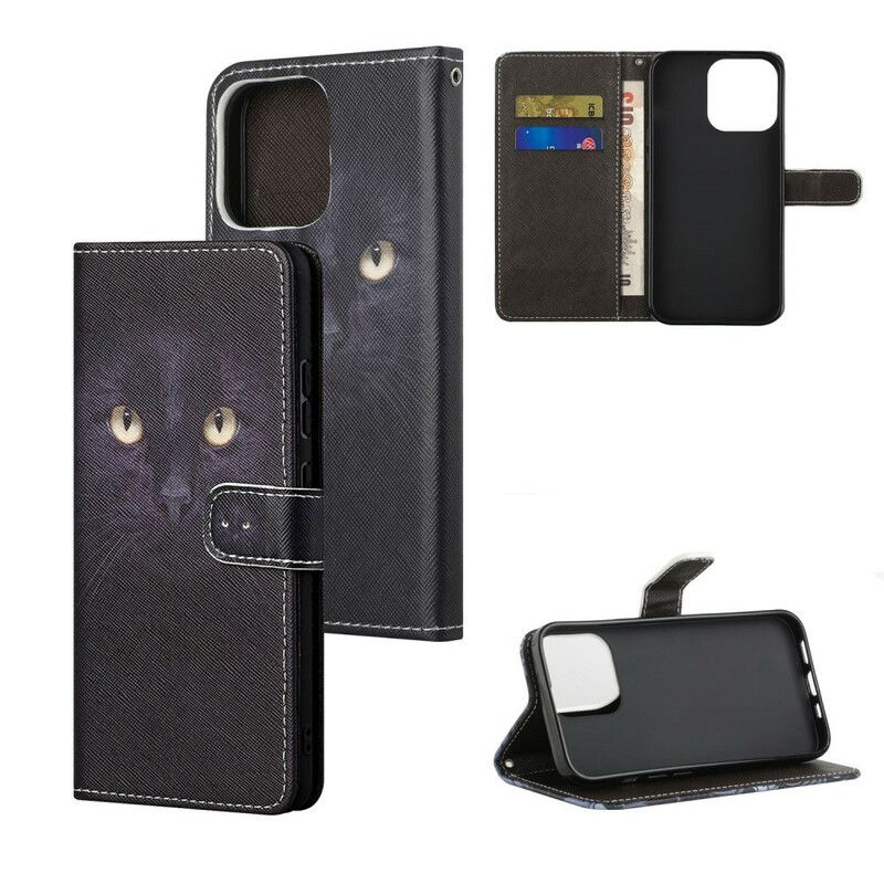 Etui Folio Iphone 13 CZarne Pasiaste Oczy Kota