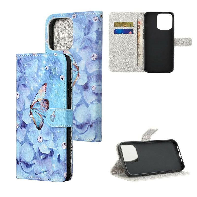 Etui Folio Iphone 13 Diamentowe Motyle Na Ramiączkach Etui Ochronne