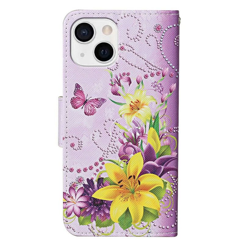 Etui Folio Iphone 13 Mistrzowskie Kwiaty Z Paskiem