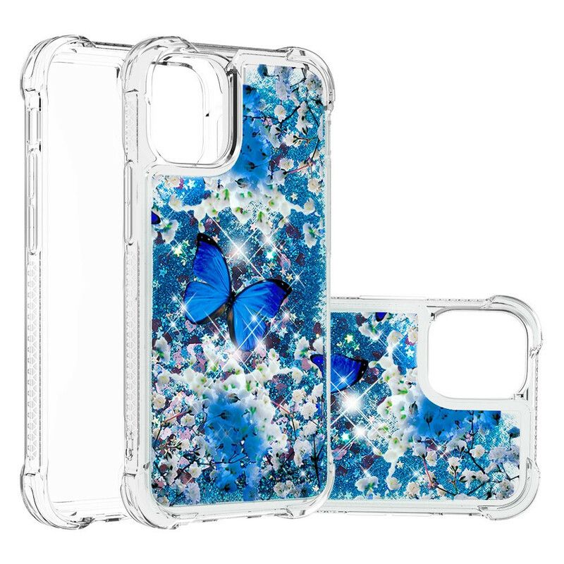 Etui Iphone 13 Niebieskie Brokatowe Motyle Etui Ochronne