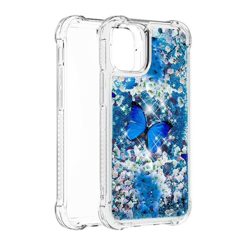 Etui Iphone 13 Niebieskie Brokatowe Motyle Etui Ochronne