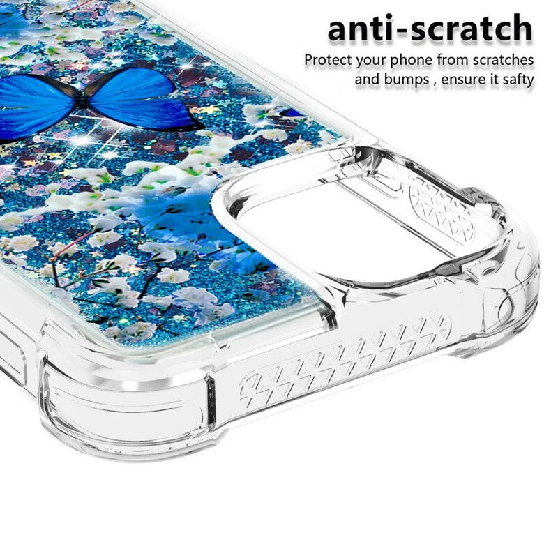 Etui Iphone 13 Niebieskie Brokatowe Motyle Etui Ochronne