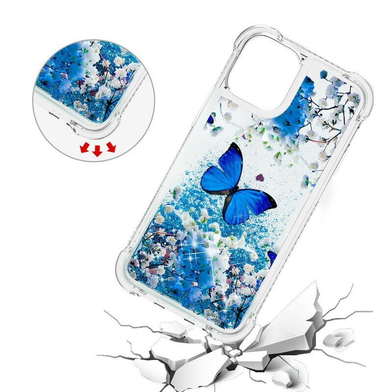 Etui Iphone 13 Niebieskie Brokatowe Motyle Etui Ochronne