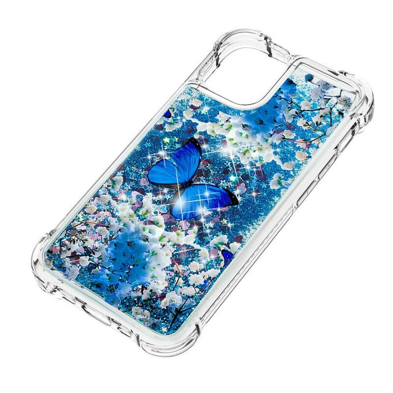 Etui Iphone 13 Niebieskie Brokatowe Motyle Etui Ochronne