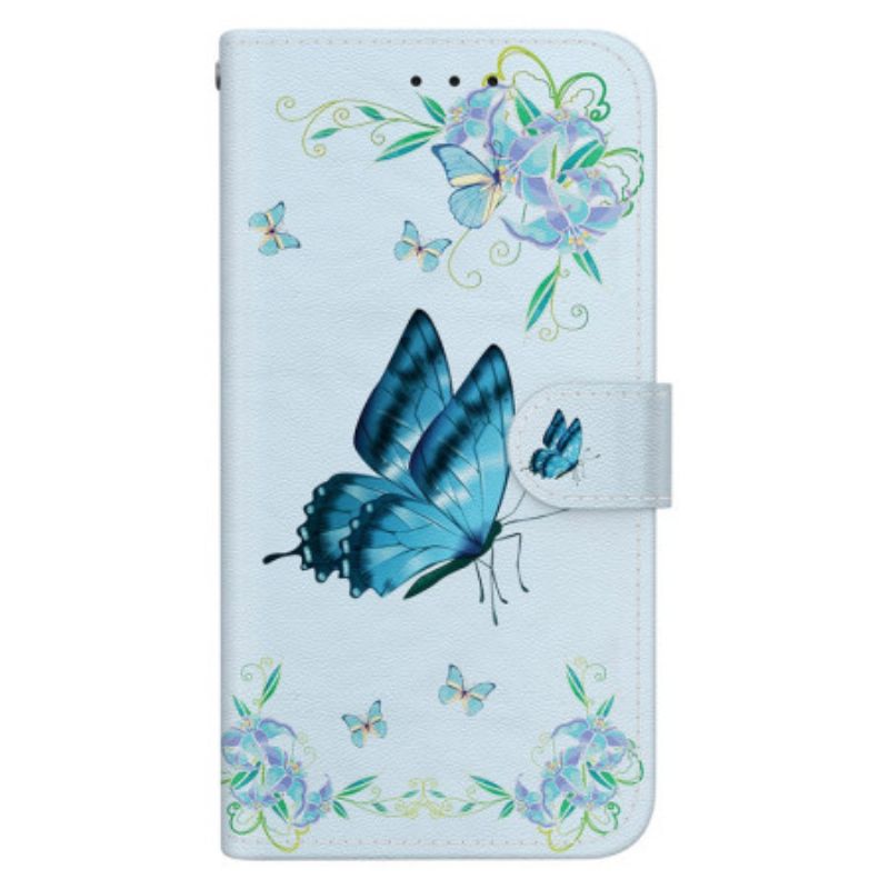 Etui Folio Oppo Reno 12f 5g Niebieski Motyl I Kwiaty Z Paskiem Etui Ochronne