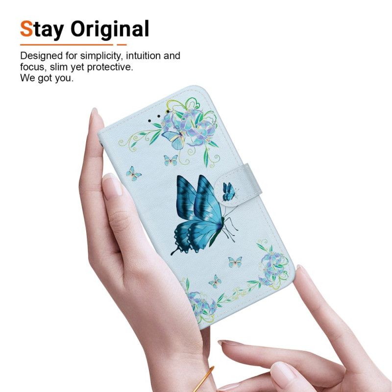 Etui Folio Oppo Reno 12f 5g Niebieski Motyl I Kwiaty Z Paskiem Etui Ochronne