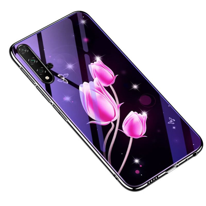 Etui Huawei Nova 5T Purpurowy Szkło Hartowane I Silikon Kwiatowy