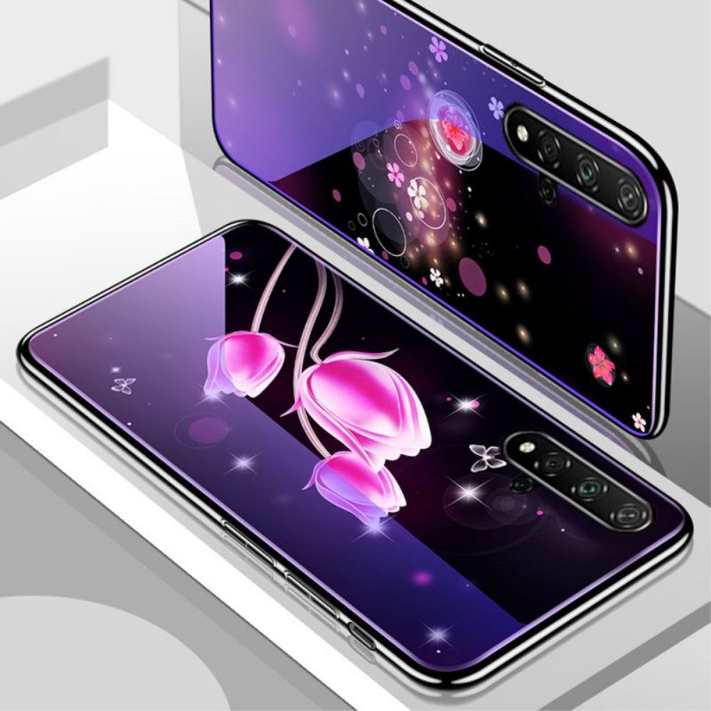 Etui Huawei Nova 5T Purpurowy Szkło Hartowane I Silikon Kwiatowy