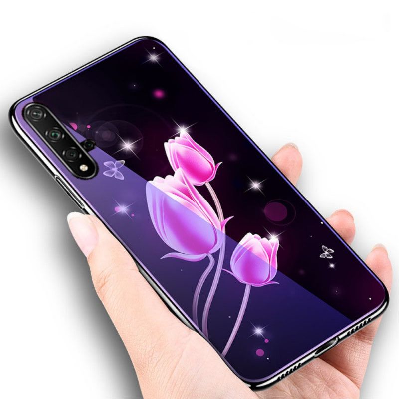 Etui Huawei Nova 5T Purpurowy Szkło Hartowane I Silikon Kwiatowy