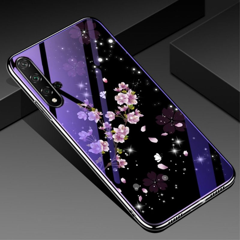 Etui Huawei Nova 5T Purpurowy Szkło Hartowane I Silikon Kwiatowy