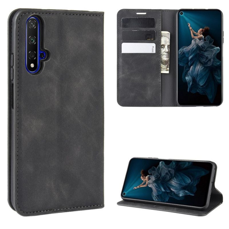 Flip Kotelot Huawei Nova 5T Czarny Elegancki Efekt Skóry Etui Ochronne