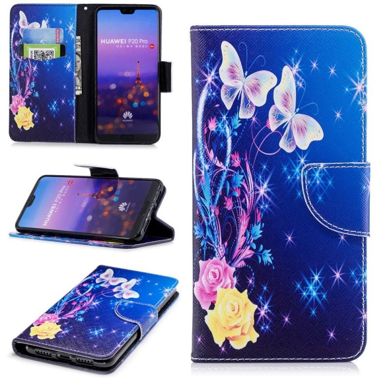 Etui Folio Huawei P20 Pro Jasnoniebieski Różowy Motyle W Nocy