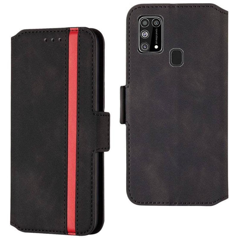 Etui Folio Samsung Galaxy M31 Czerwony Czarny Dwukolorowa Linia Pionowa Etui Ochronne