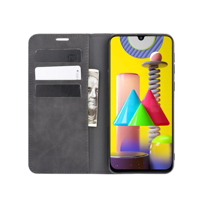 Flip Kotelot Samsung Galaxy M31 Szary Czarny Efekt Miękkiej Skóry Etui Ochronne