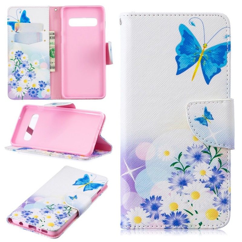 Etui Folio Samsung Galaxy S10 Jasnoniebieski Magenta Malowane Motyle I Kwiaty Etui Ochronne