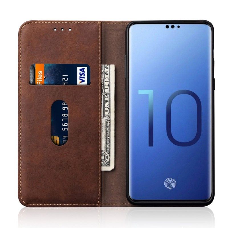 Flip Kotelot Samsung Galaxy S10 Czerwony Czarny Efekt Szytej Skóry Etui Ochronne