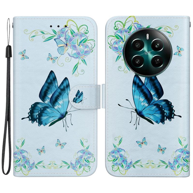 Etui Folio Realme 12 Plus 5g Niebieski Motyl I Kwiaty Z Paskiem Etui Ochronne