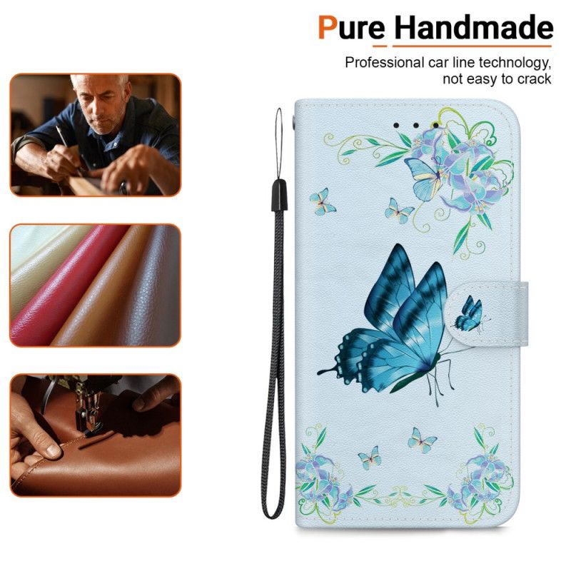 Etui Folio Realme 12 Plus 5g Niebieski Motyl I Kwiaty Z Paskiem Etui Ochronne