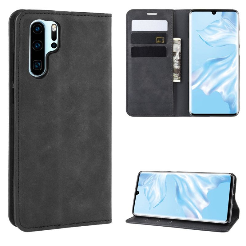 Flip Kotelot Huawei P30 Pro Szary Czarny Elegancki Efekt Skóry