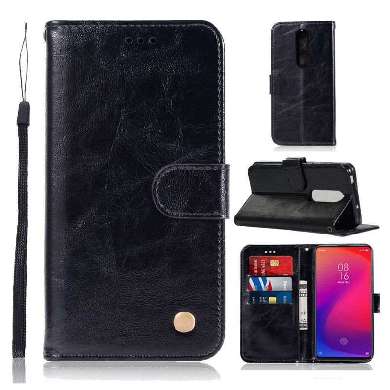 Etui Folio Xiaomi Mi 9T / Mi 9T Pro Czarny Efekt Skóry W Stylu Vintage Z Paskiem Etui Ochronne