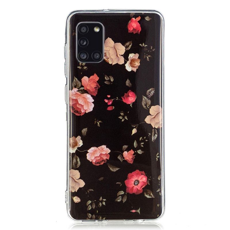 Etui Samsung Galaxy A31 Ciemnoczerwony Czarny Fluorescencyjna Seria Kwiatowa Etui Ochronne