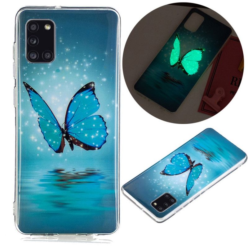 Etui Samsung Galaxy A31 Fluorescencyjny Niebieski Motyl Etui Ochronne