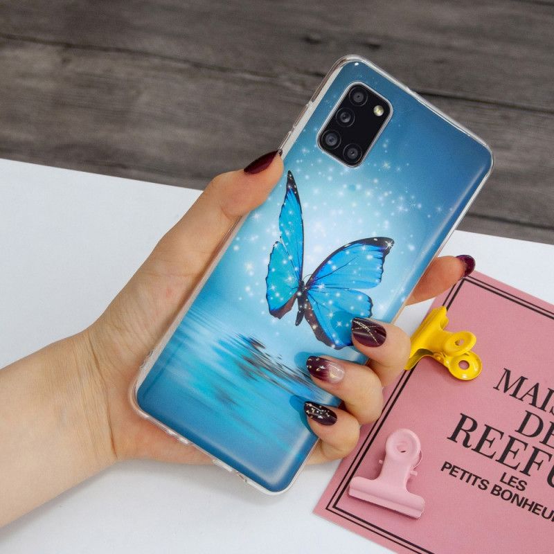 Etui Samsung Galaxy A31 Fluorescencyjny Niebieski Motyl Etui Ochronne