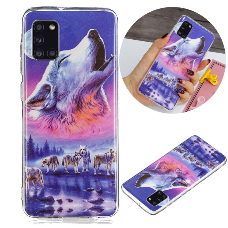 Etui Samsung Galaxy A31 Granatowy Czarny Fluorescencyjna Seria Wilków Etui Ochronne