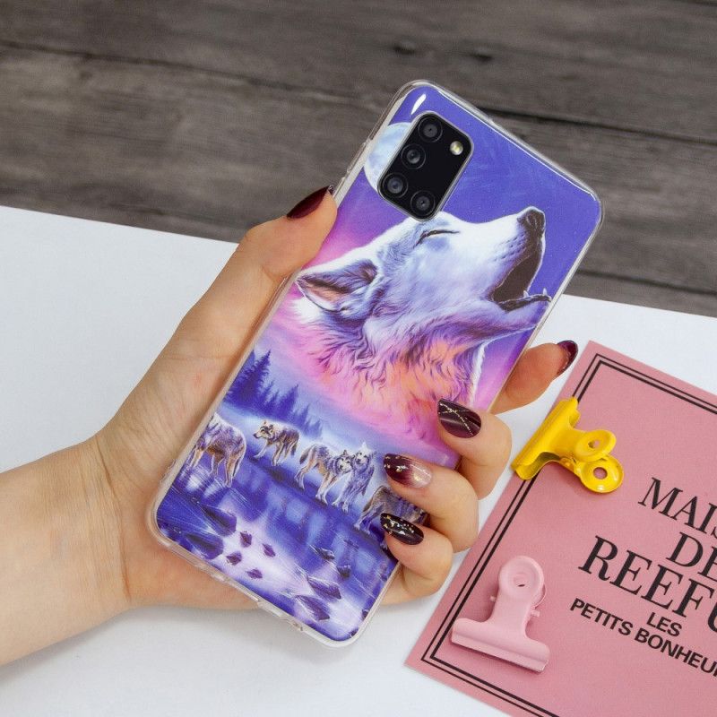 Etui Samsung Galaxy A31 Granatowy Czarny Fluorescencyjna Seria Wilków Etui Ochronne