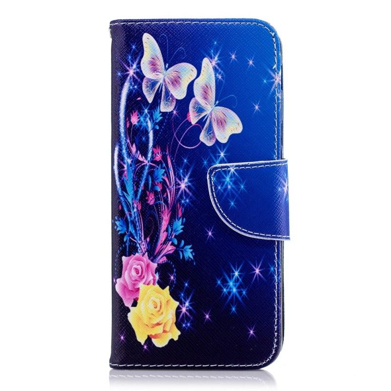 Etui Folio Samsung Galaxy A6 Jasnoniebieski Różowy Motyle W Nocy