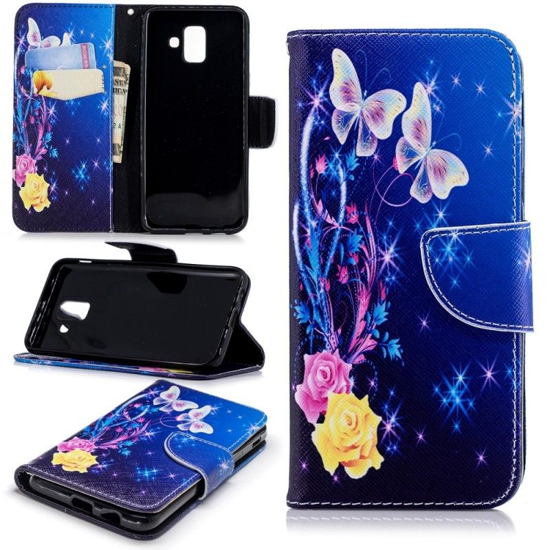 Etui Folio Samsung Galaxy A6 Jasnoniebieski Różowy Motyle W Nocy