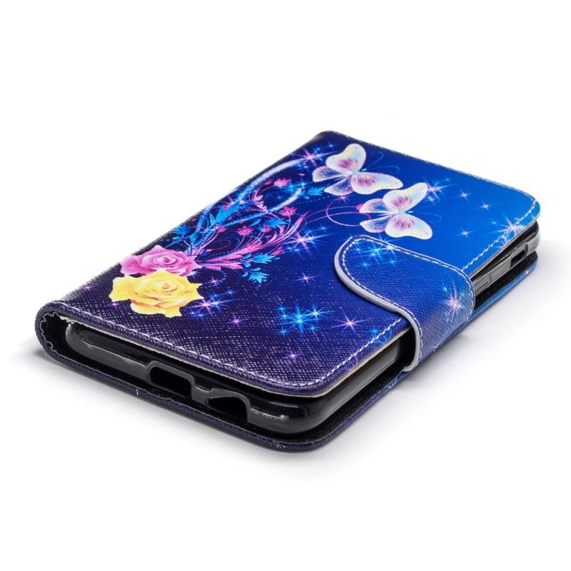 Etui Folio Samsung Galaxy A6 Jasnoniebieski Różowy Motyle W Nocy