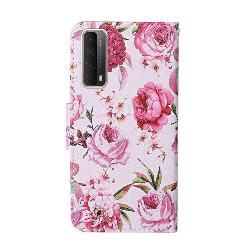 Etui Folio Huawei P Smart 2021 Jasnoniebieski Magenta Mistrzowskie Kwiaty Ze Stringami Etui Ochronne