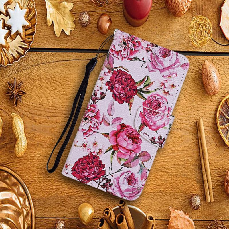 Etui Folio Huawei P Smart 2021 Jasnoniebieski Magenta Mistrzowskie Kwiaty Ze Stringami Etui Ochronne