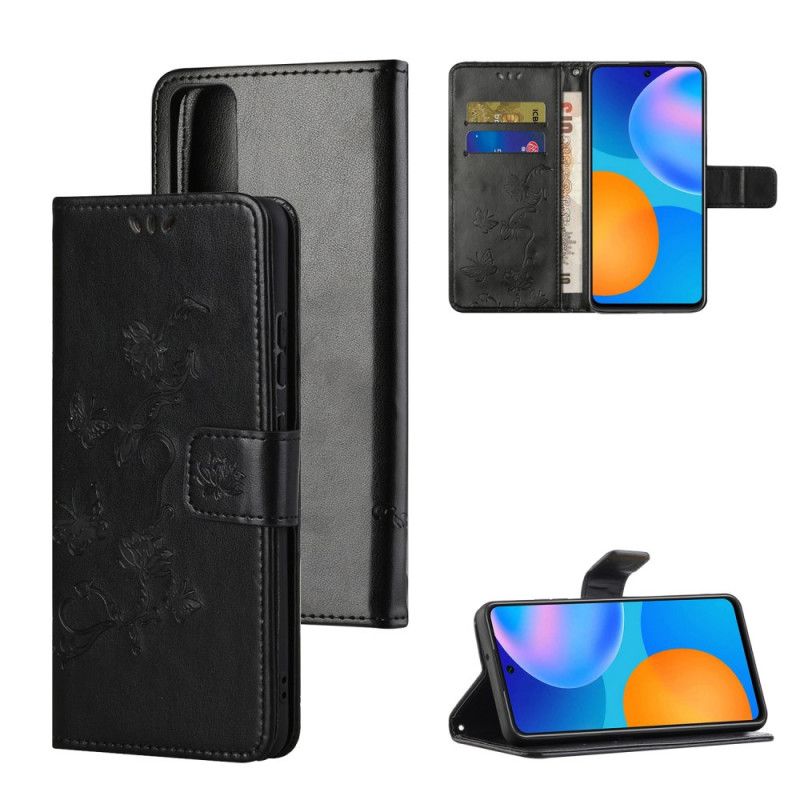 Etui Folio Huawei P Smart 2021 Szary Czarny Kwiaty Na Stringach Etui Ochronne