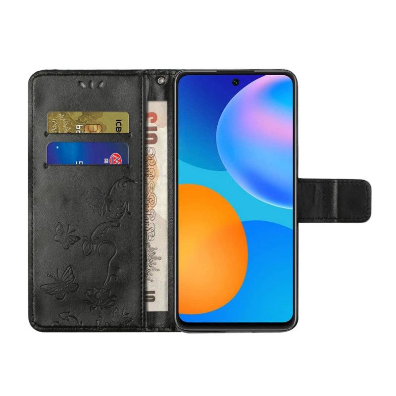 Etui Folio Huawei P Smart 2021 Szary Czarny Kwiaty Na Stringach Etui Ochronne