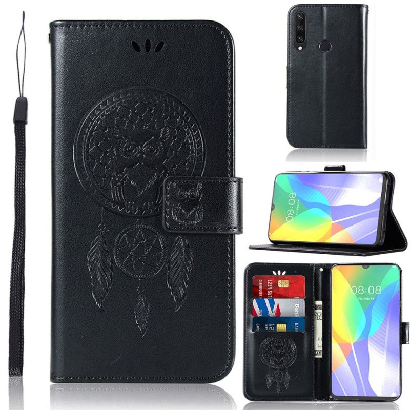 Etui Folio Huawei Y6p Jasnoniebieski Czarny Łapacz Snów Sowy Z Efektem Skóry Etui Ochronne