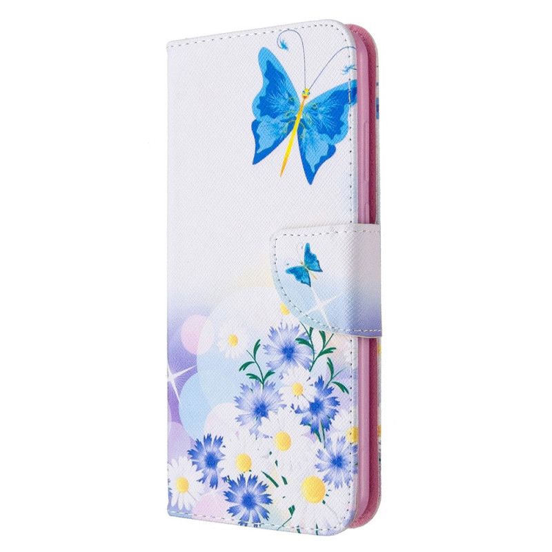 Etui Folio Huawei Y6p Jasnoniebieski Magenta Malowane Motyle I Kwiaty