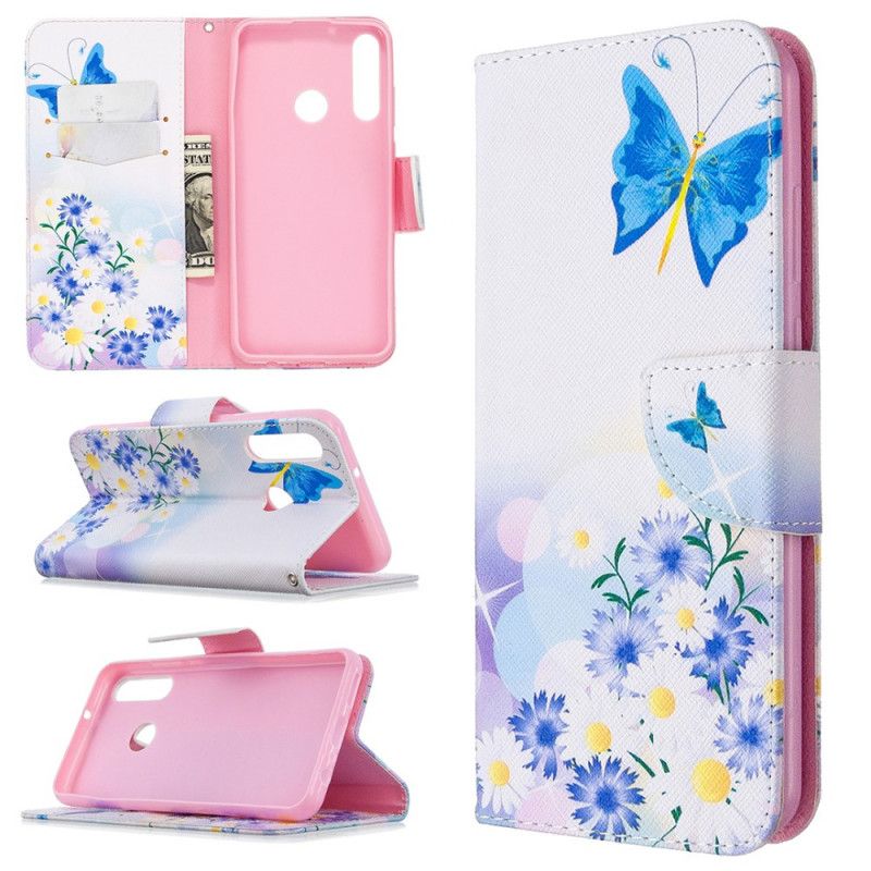 Etui Folio Huawei Y6p Jasnoniebieski Magenta Malowane Motyle I Kwiaty