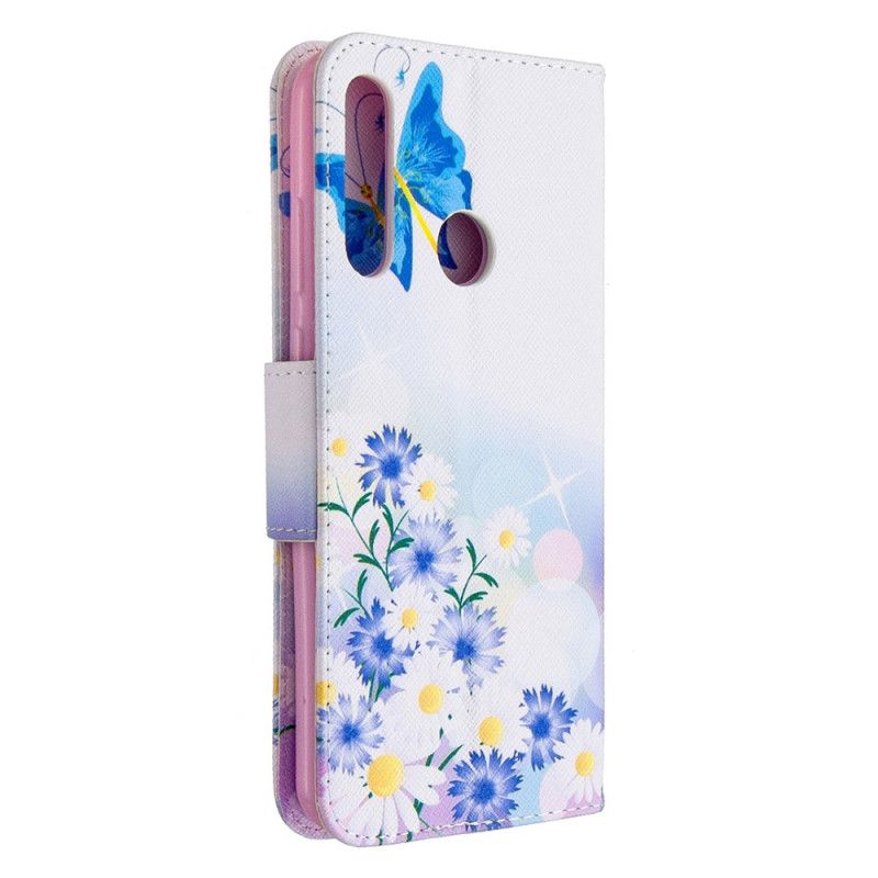 Etui Folio Huawei Y6p Jasnoniebieski Magenta Malowane Motyle I Kwiaty