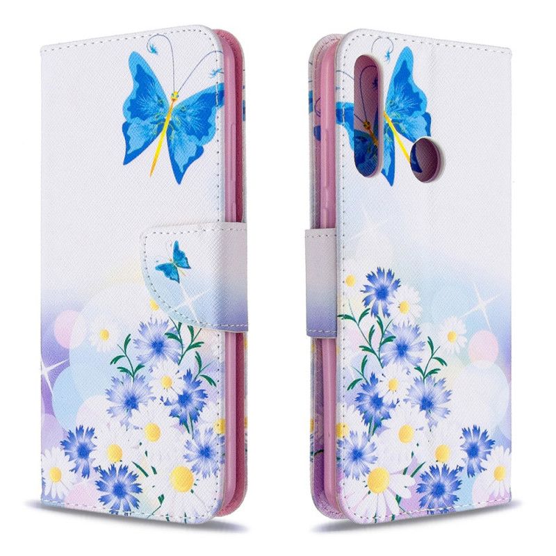 Etui Folio Huawei Y6p Jasnoniebieski Magenta Malowane Motyle I Kwiaty