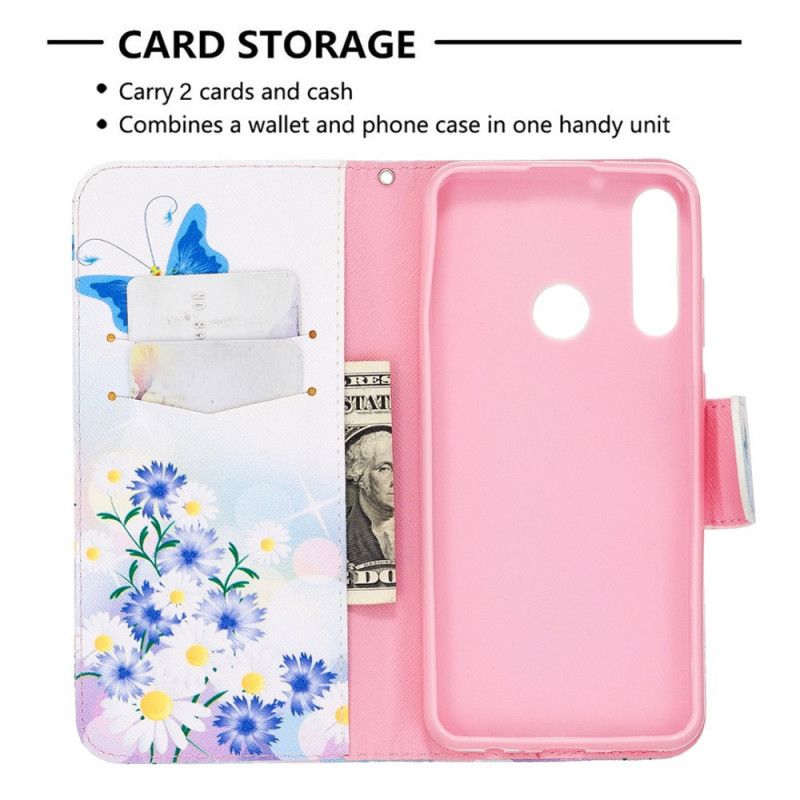 Etui Folio Huawei Y6p Jasnoniebieski Magenta Malowane Motyle I Kwiaty