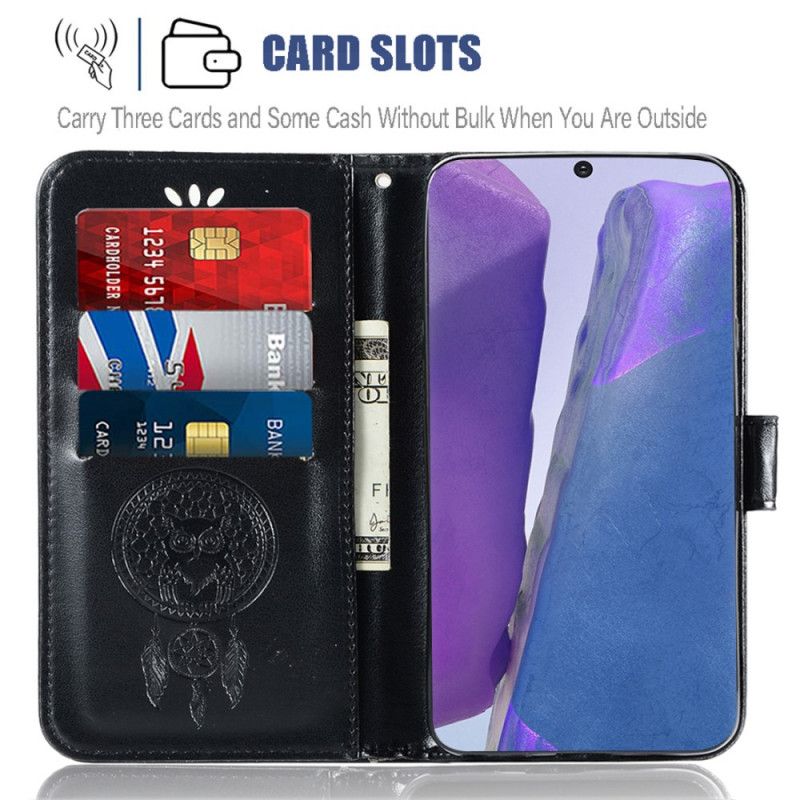 Etui Folio Samsung Galaxy Note 20 Jasnoniebieski Czarny Łapacz Snów Sowy Z Efektem Skóry