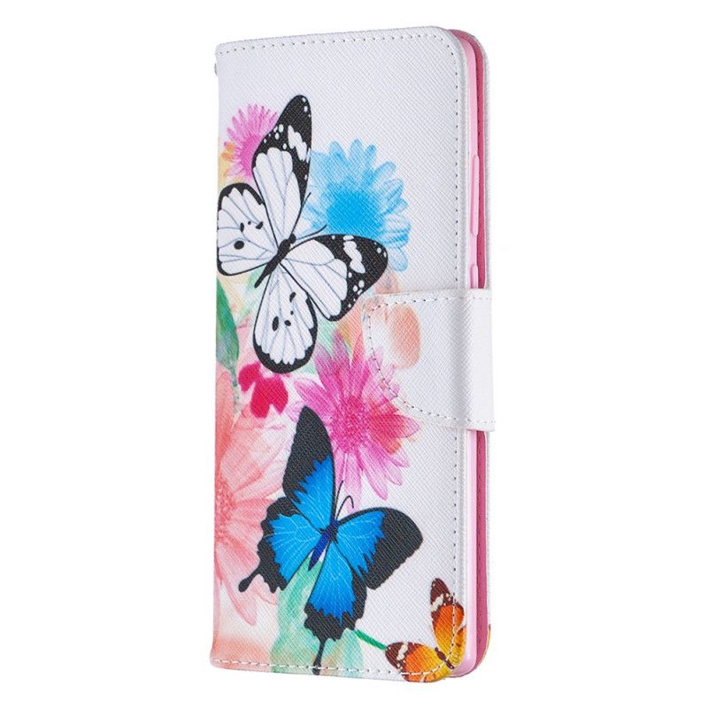 Etui Folio Samsung Galaxy Note 20 Jasnoniebieski Magenta Malowane Motyle I Kwiaty Etui Ochronne