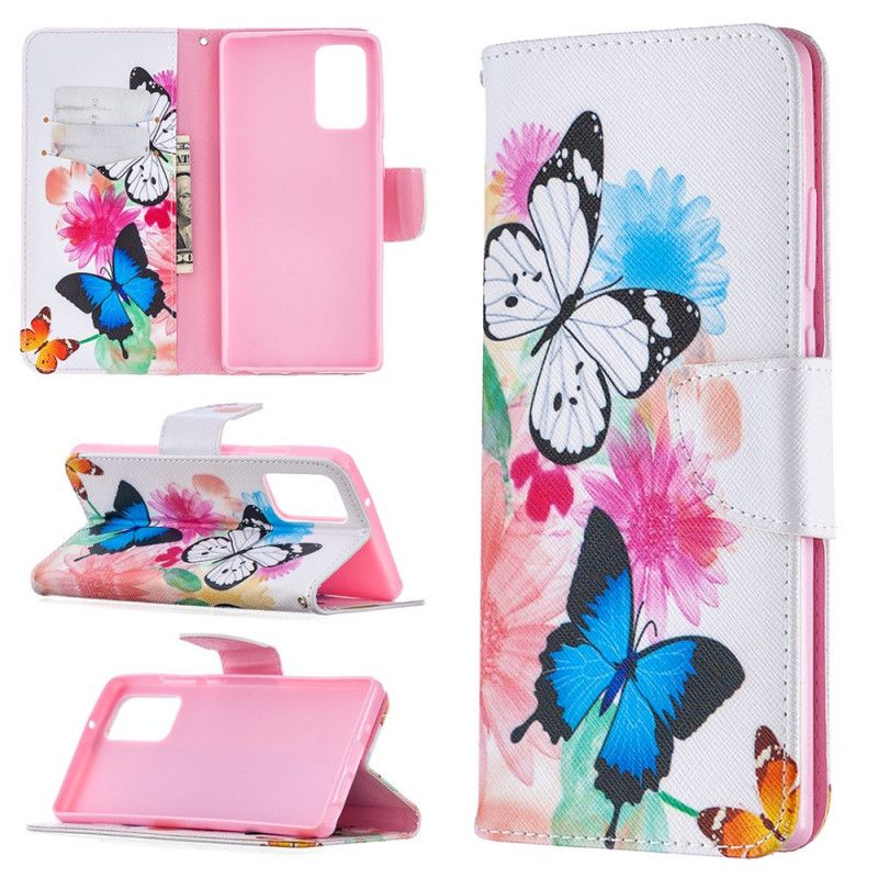 Etui Folio Samsung Galaxy Note 20 Jasnoniebieski Magenta Malowane Motyle I Kwiaty Etui Ochronne