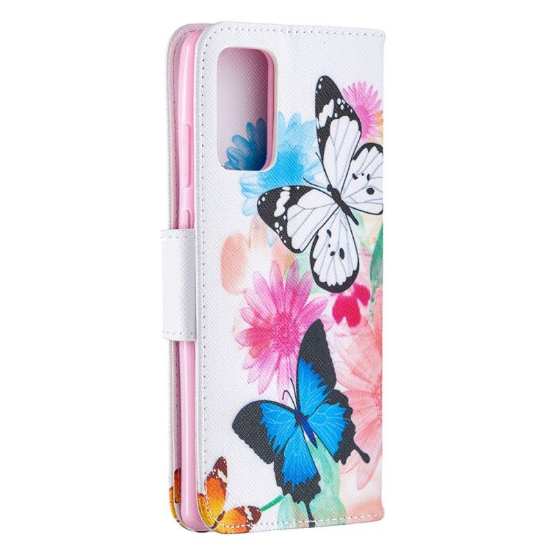 Etui Folio Samsung Galaxy Note 20 Jasnoniebieski Magenta Malowane Motyle I Kwiaty Etui Ochronne