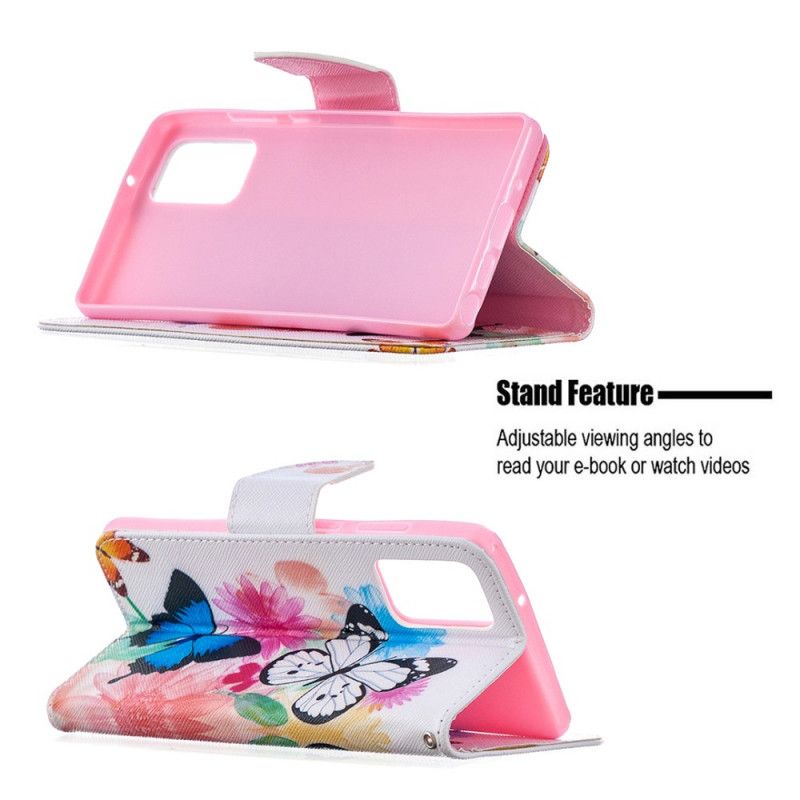 Etui Folio Samsung Galaxy Note 20 Jasnoniebieski Magenta Malowane Motyle I Kwiaty Etui Ochronne