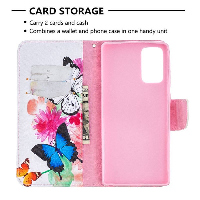 Etui Folio Samsung Galaxy Note 20 Jasnoniebieski Magenta Malowane Motyle I Kwiaty Etui Ochronne