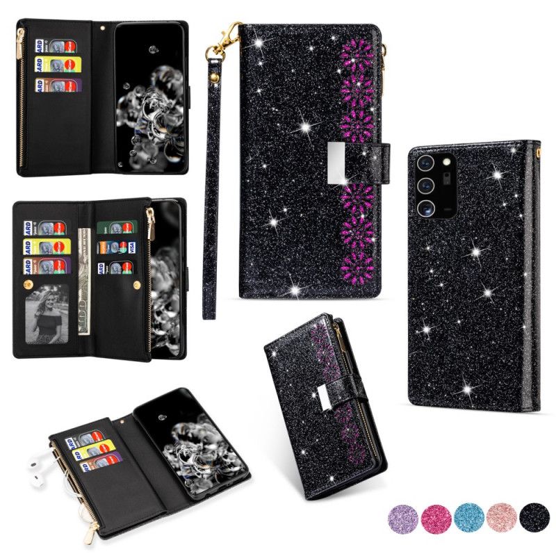 Etui Folio Samsung Galaxy Note 20 Magenta Czarny Portfel Z Cekinami